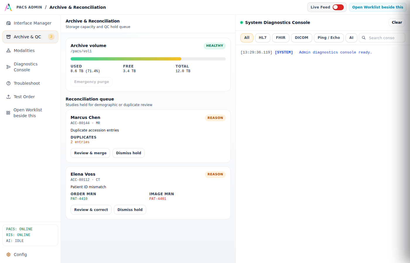 PACS Admin Archive and Reconciliation panel showing storage capacity and a QC hold queue