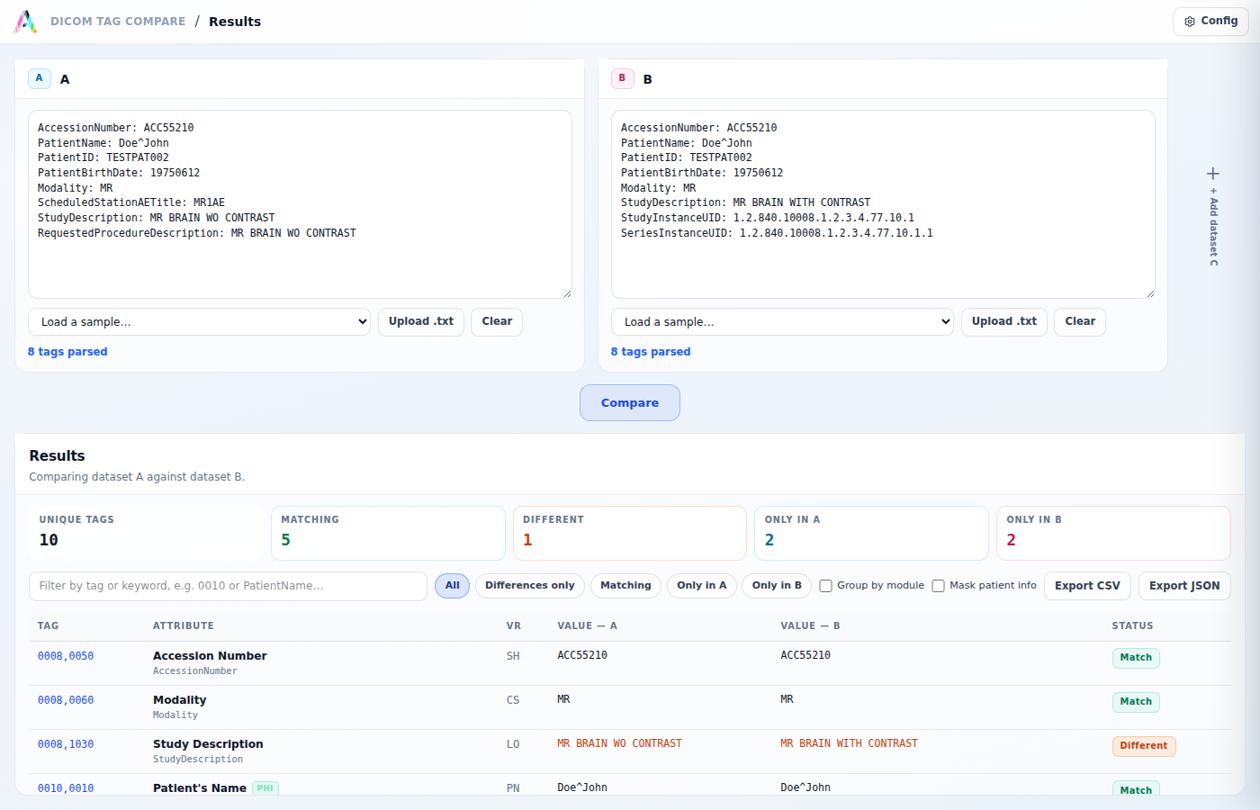 DICOM Tag Compare results table showing a scheduled order compared against what was actually performed