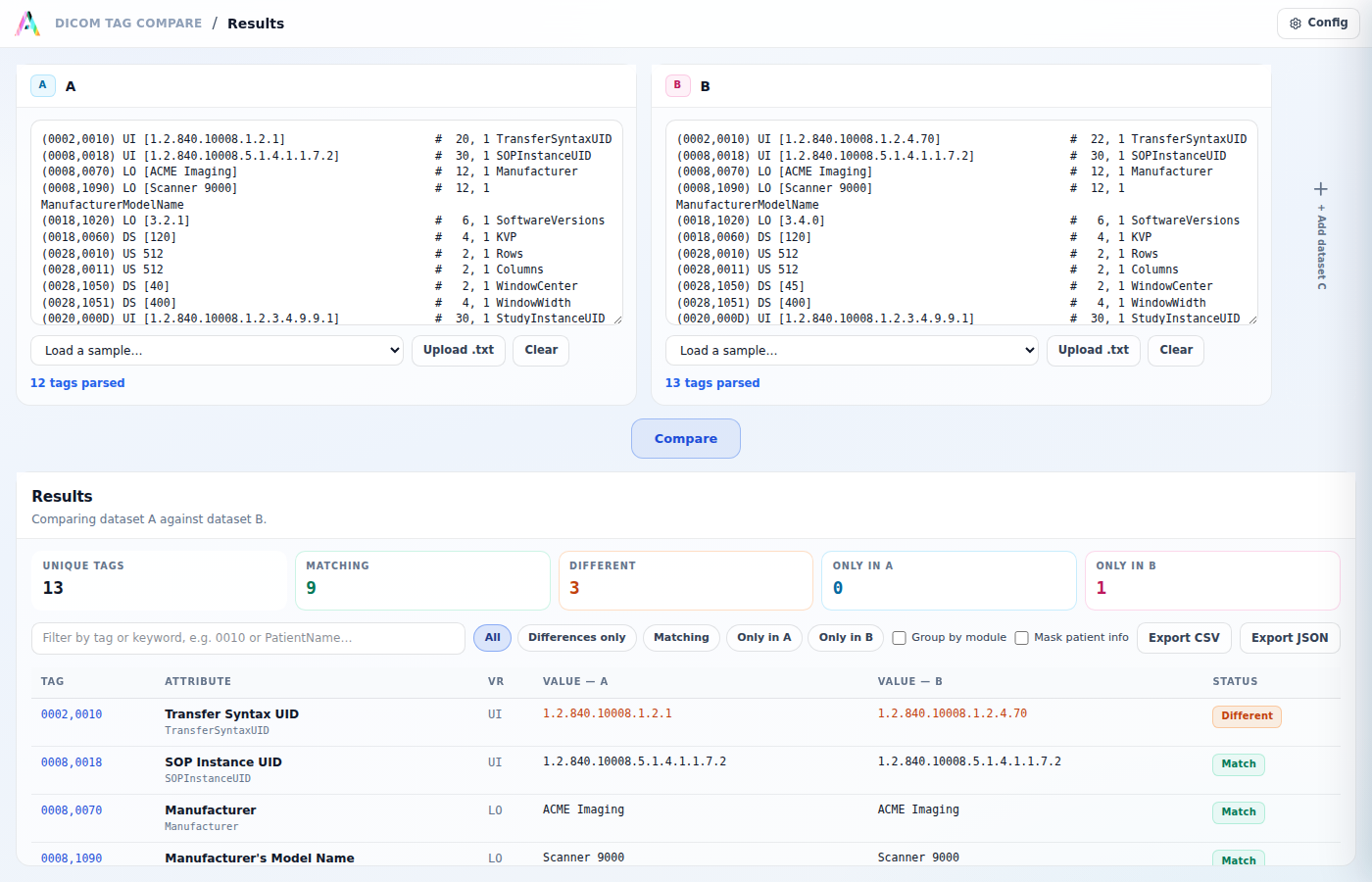 DICOM Tag Compare results table showing a PACS migration drift check between two exports