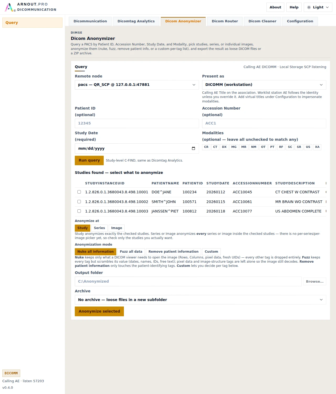 Dicom Anonymizer panel showing a PACS query and anonymization mode options