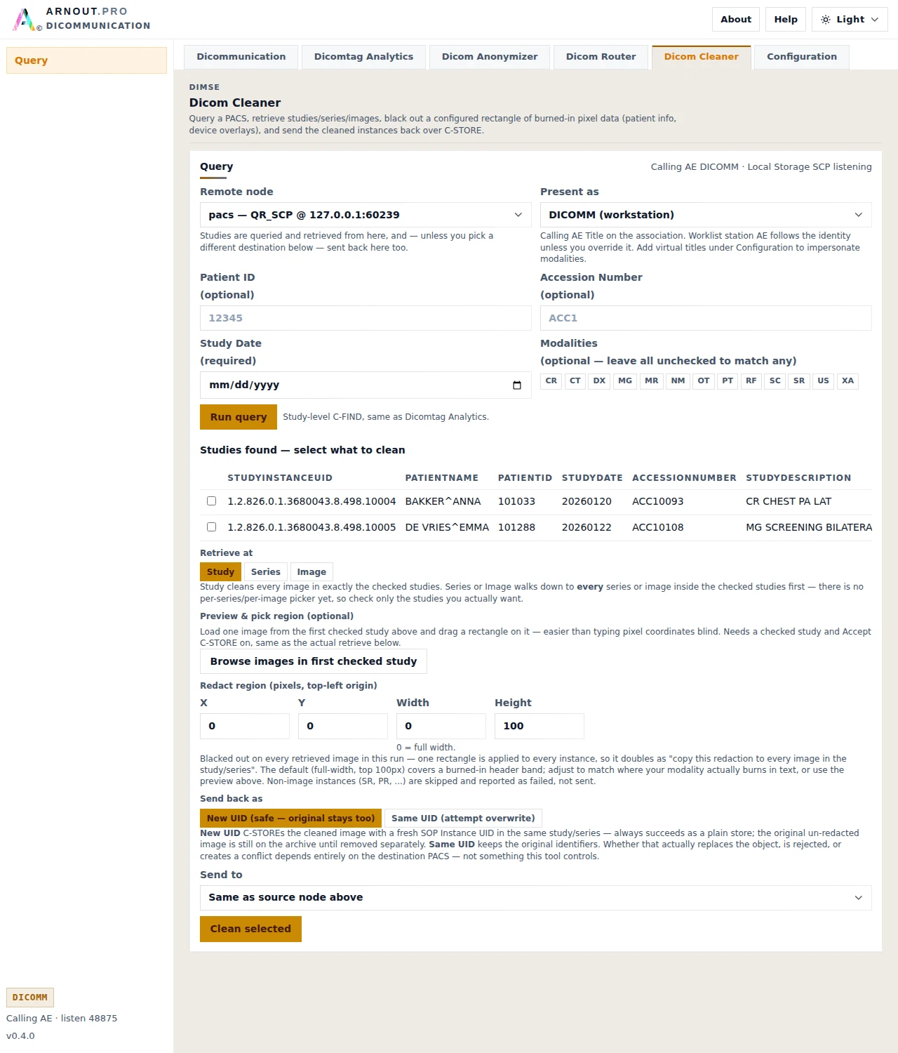 Dicom Cleaner panel showing a redact region for blacking out burned-in pixel data