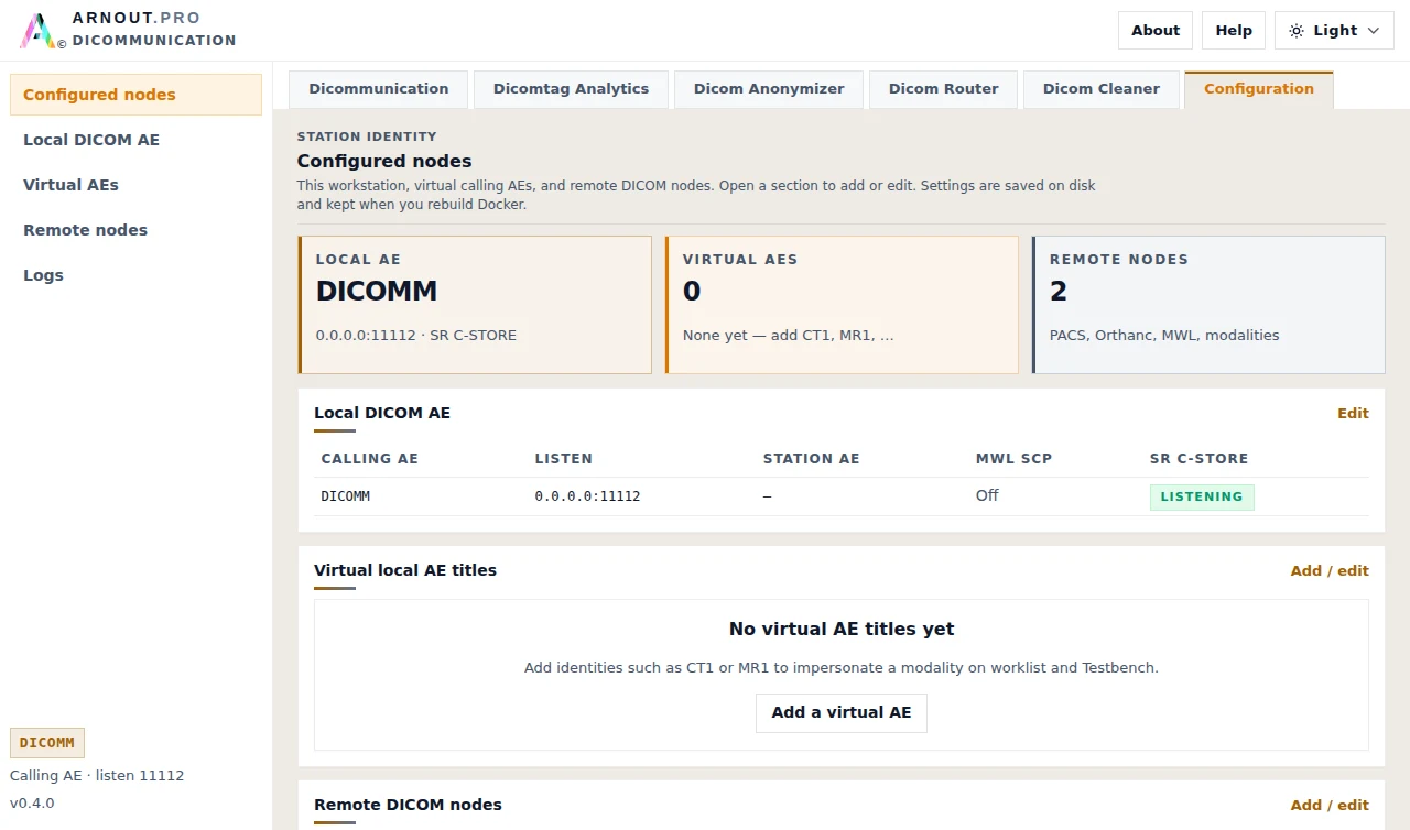 Dicommunication configuration screen listing the local AE, virtual AE titles, and remote nodes