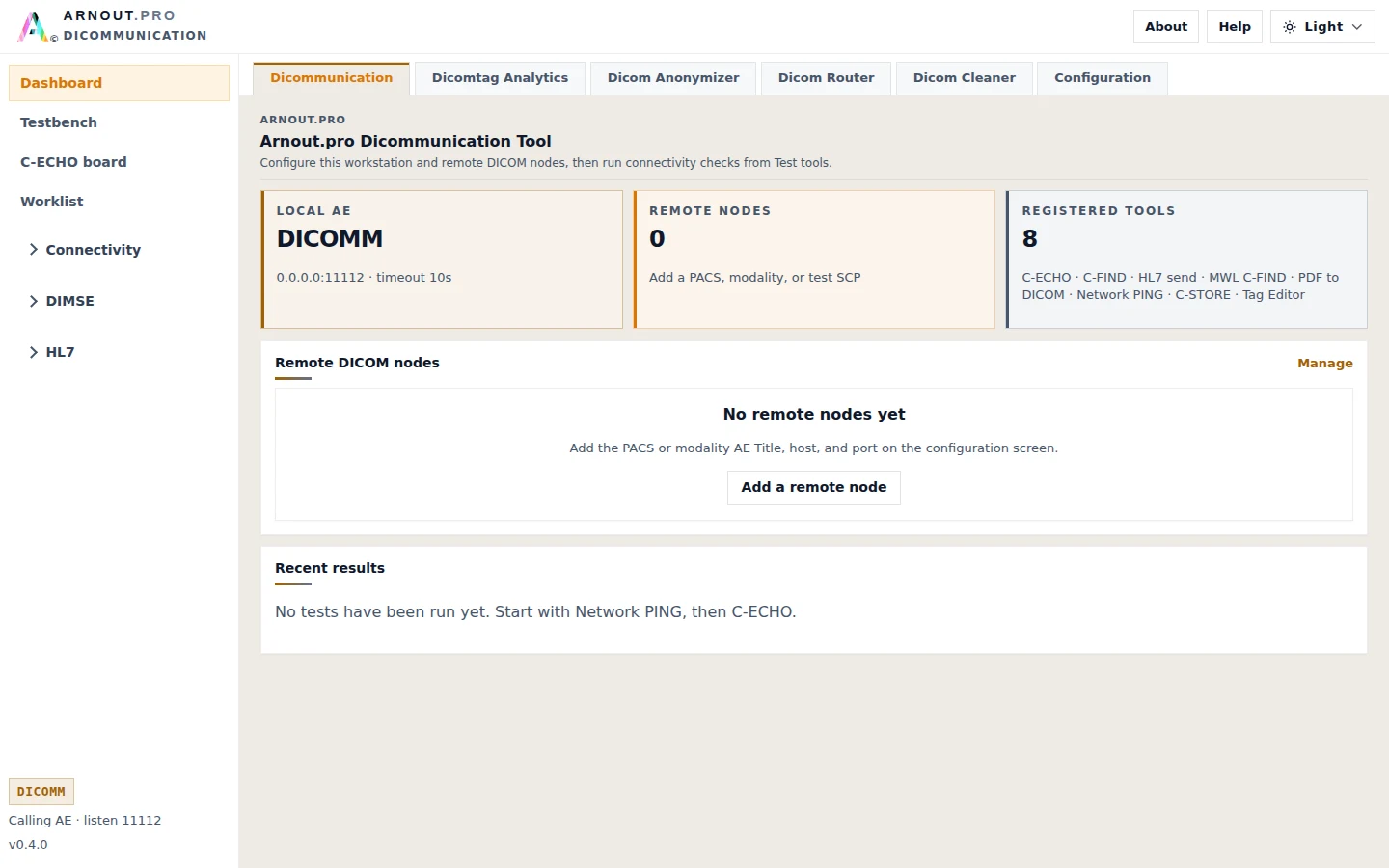 Dicommunication dashboard showing the local AE, remote DICOM nodes, and registered test tools