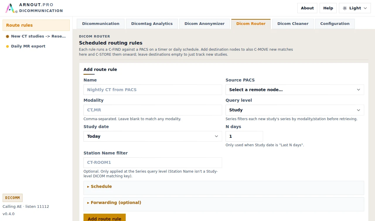 Dicom Router panel for adding a scheduled routing rule between PACS nodes