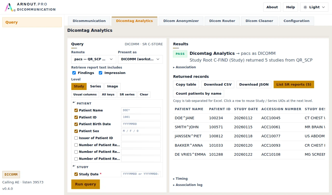 Dicomtag Analytics query panel with patient and study filters for a C-FIND against a PACS