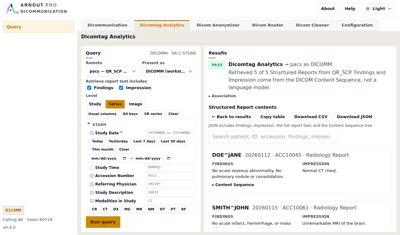 Dicomtag Analytics results showing retrieved structured report findings and impressions