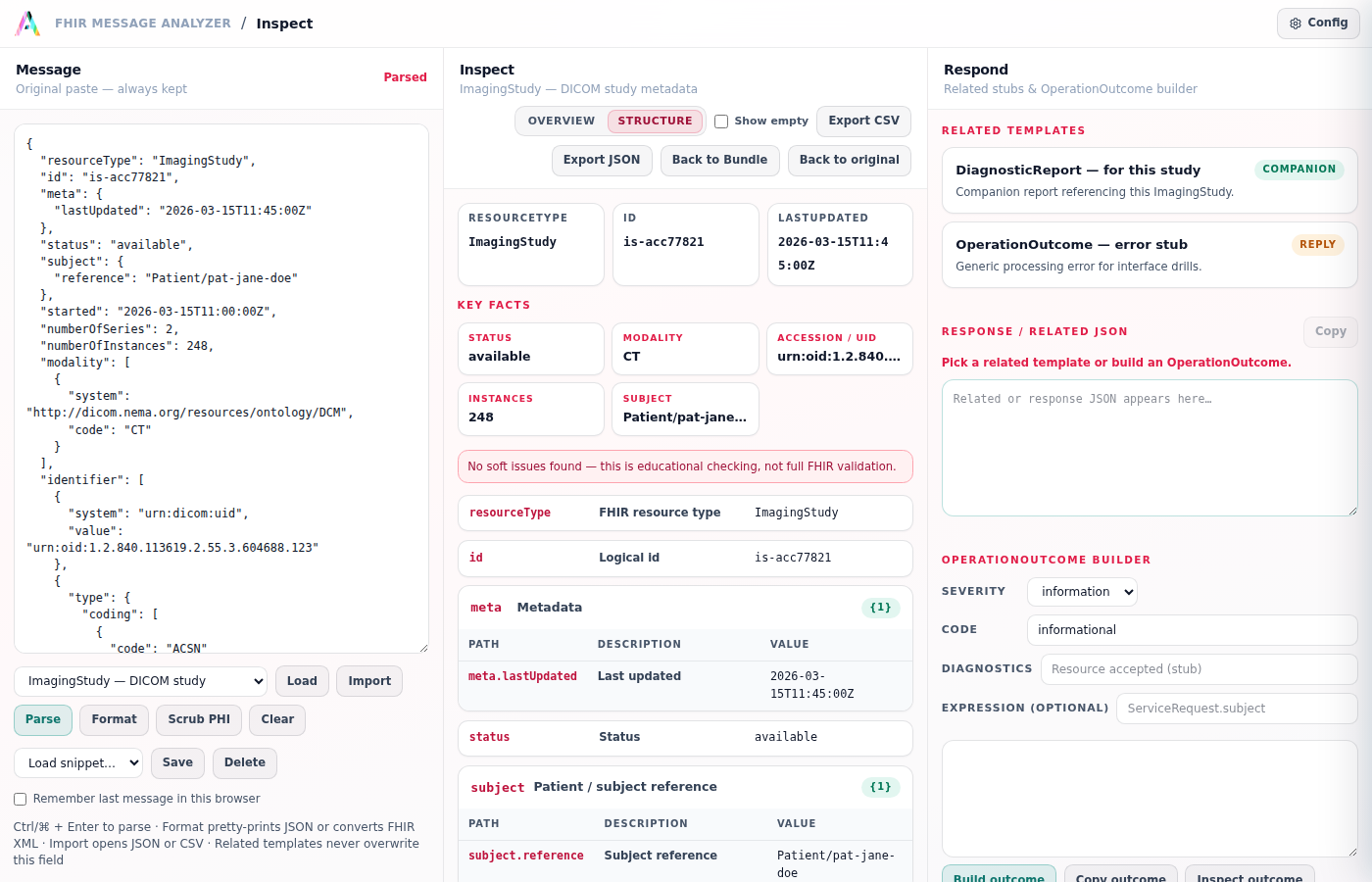 FHIR Message Analyzer Structure view showing the nested JSON tree of an ImagingStudy resource
