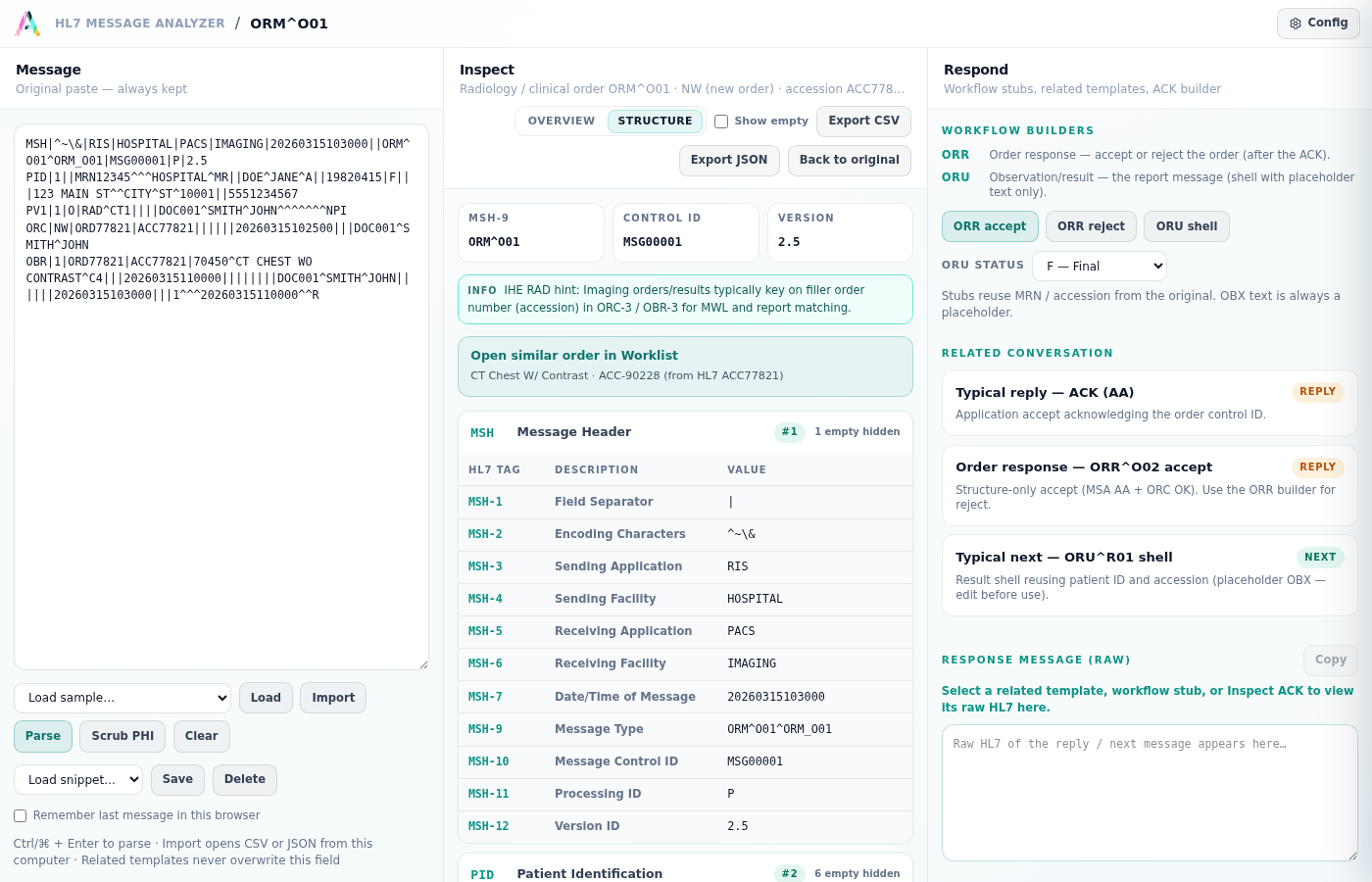 HL7 Message Analyzer Structure view showing the segment tree of an ORM^O01 radiology order