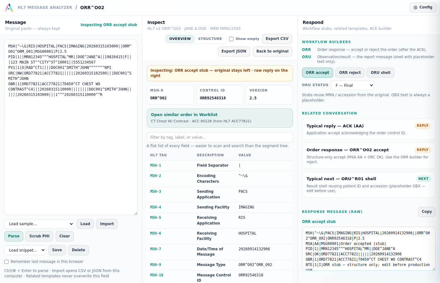HL7 Message Analyzer Respond panel showing a built ORR^O02 accept acknowledgment