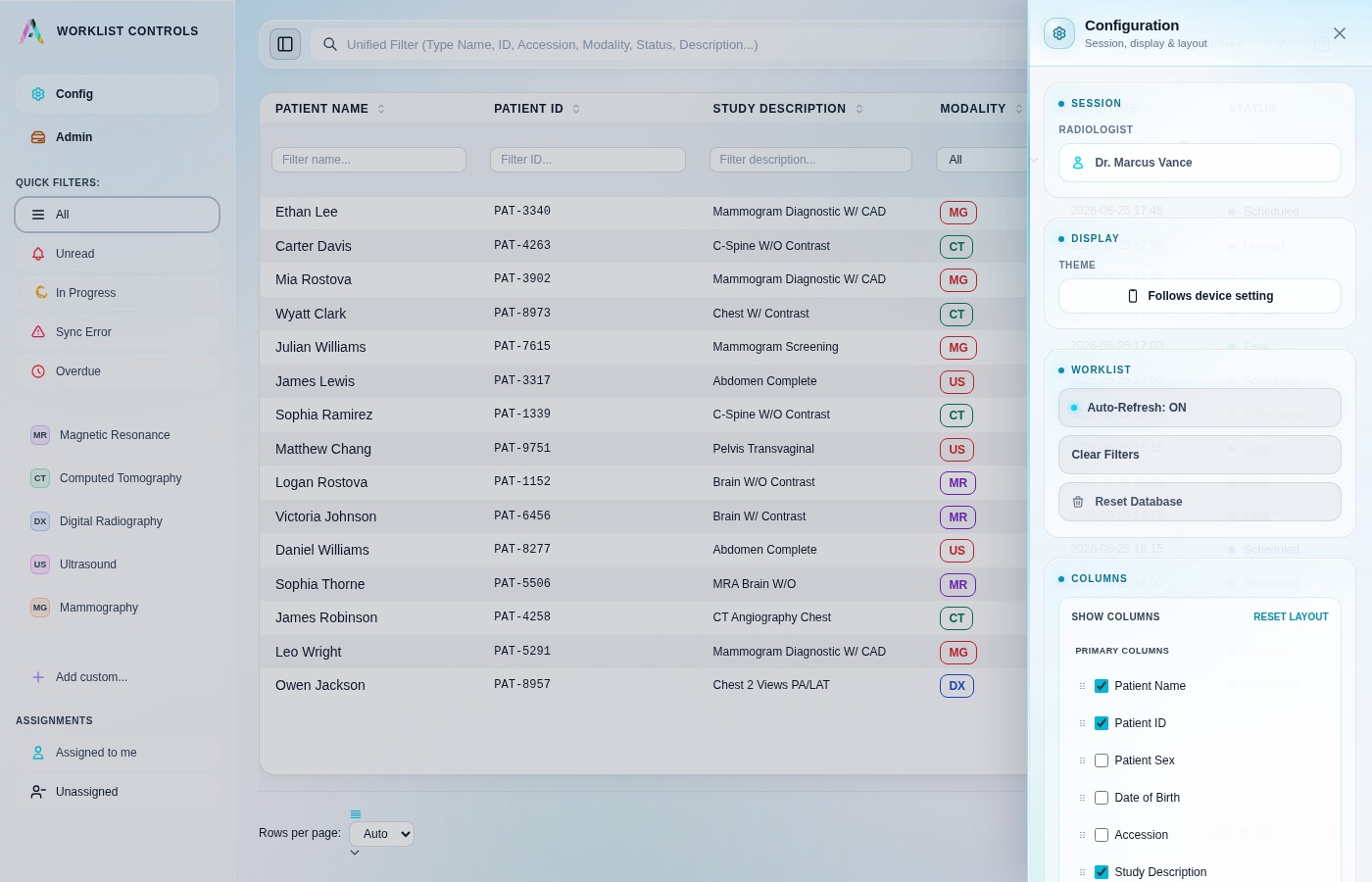 Worklist Simulator configuration panel showing radiologist session, theme, and customizable columns