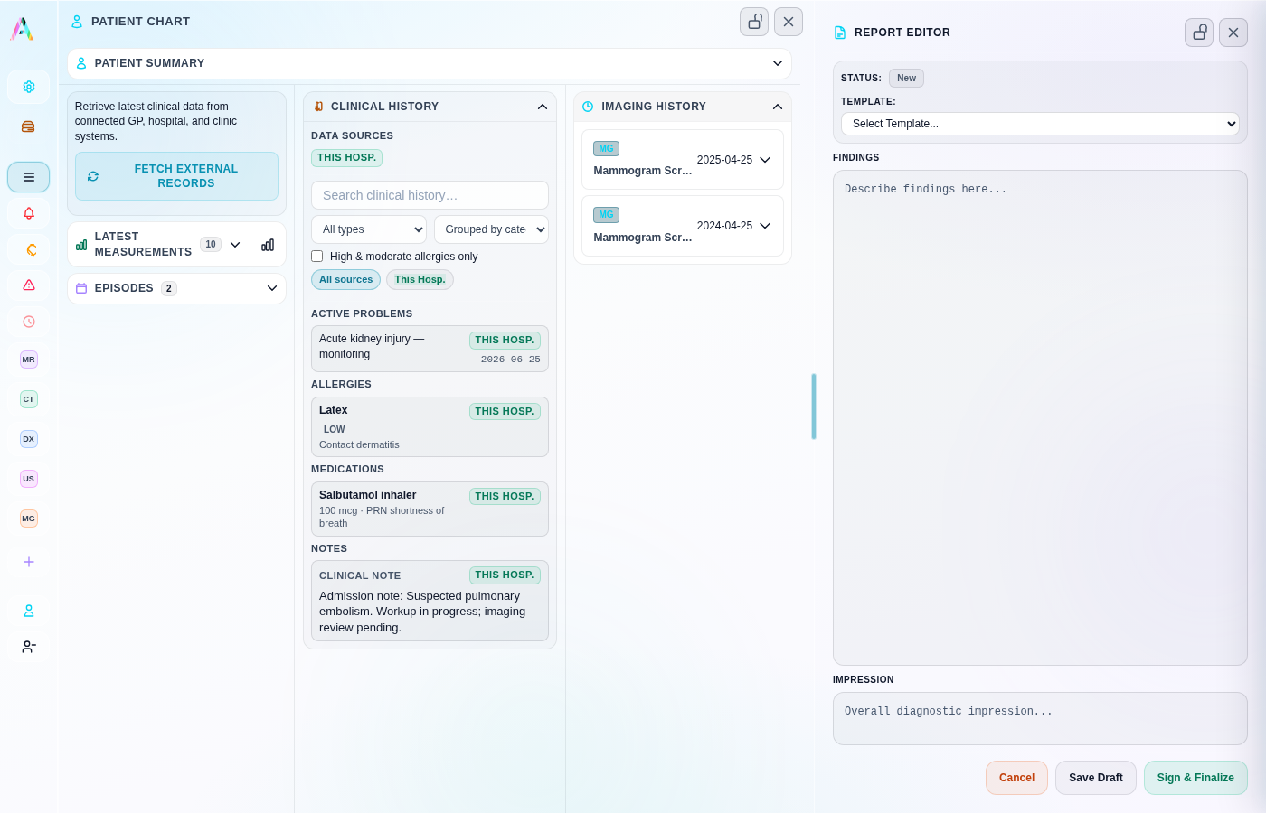 Worklist Simulator patient chart and structured report editor open side by side